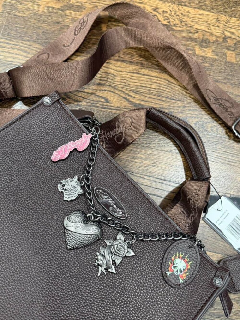 brown leather ed hardy shoulder bag with multiple charms tote y2k NWT - Picture 5 of 8